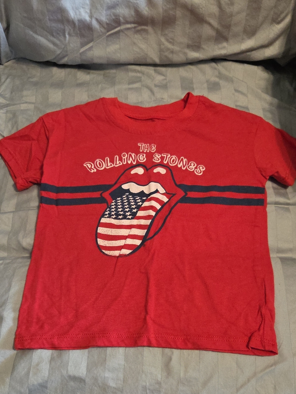 The Rolling Stones Red Kids Tee with Navy Stripe and Flag Tongue